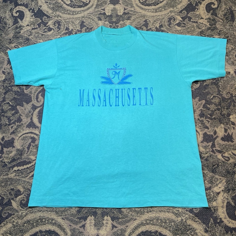 Vtg 90s 1994 Massachusetts Center Script Logo Teal Blue T Shirt Mens Size XL